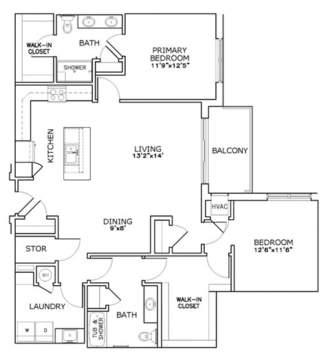 Floor plan for 2 beds, 2 baths, 1400 sqft